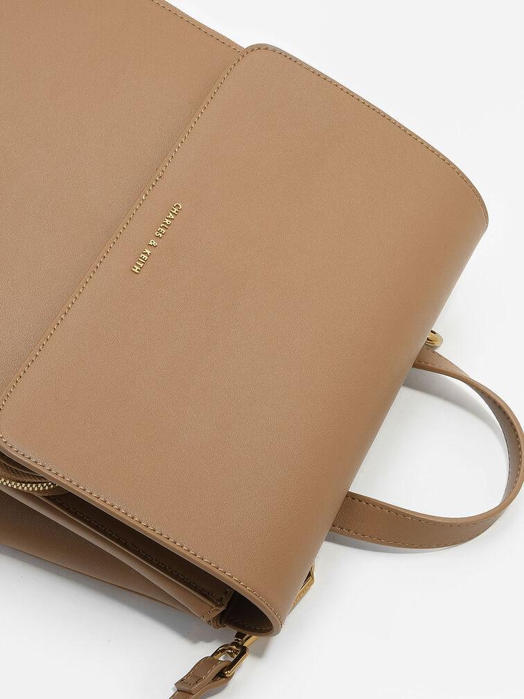 Balo Charles Keith Phom Chữ Nhật Front Flap Structured Nâu