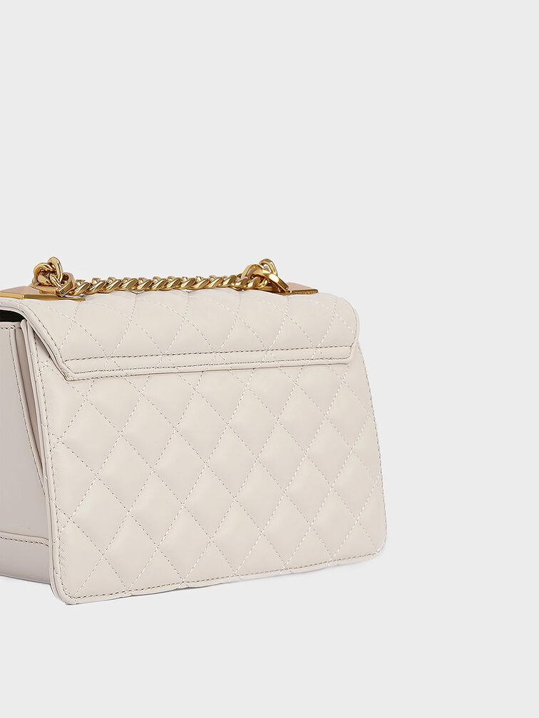 Túi Charles Keith Đeo Chéo Nắp Gập Quilted Kem