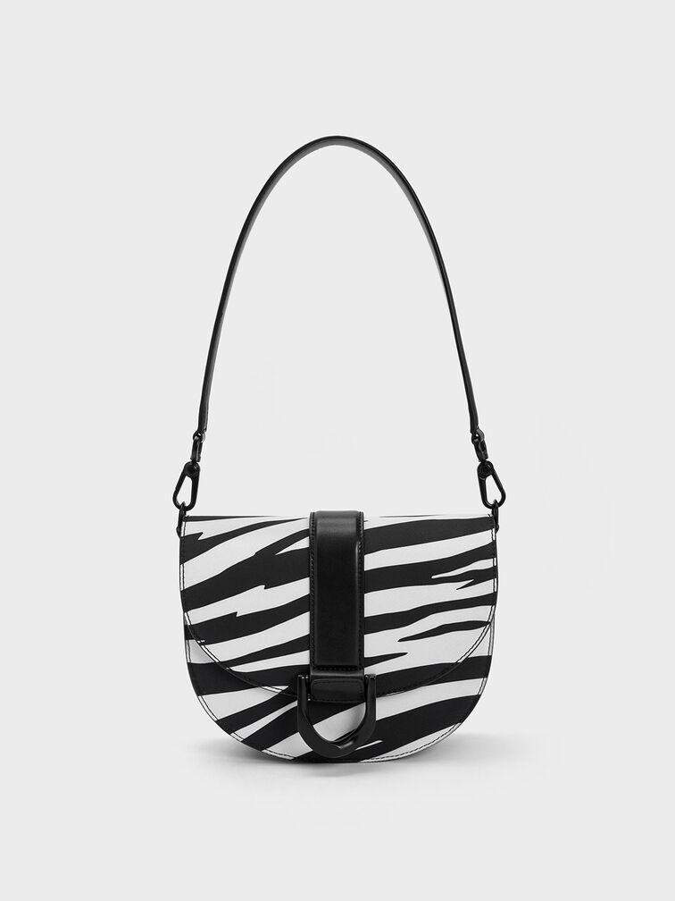 Túi Charles Keith Đeo Vai Zebra Print Gabine Saddle Đen