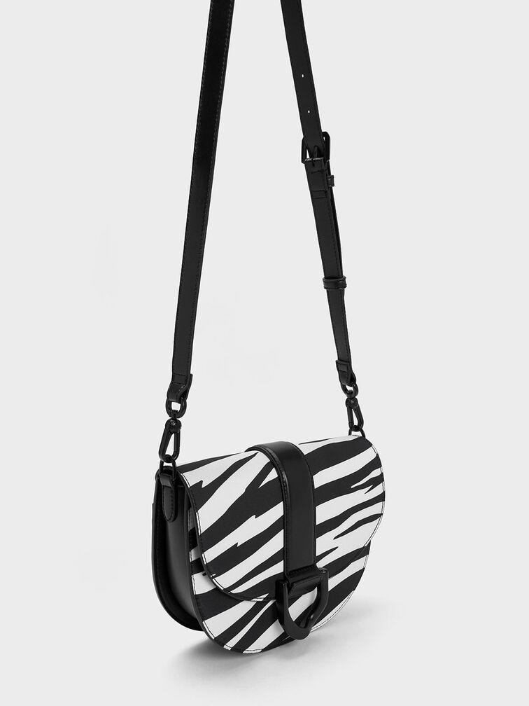 Túi Charles Keith Đeo Vai Zebra Print Gabine Saddle Đen