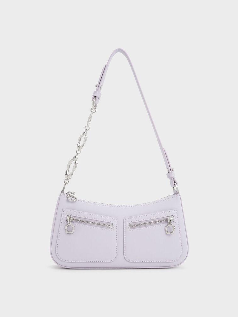 Túi Charles Keith Đeo Vai Hình Thang Flower-Embellished Xám Hoa Lilac