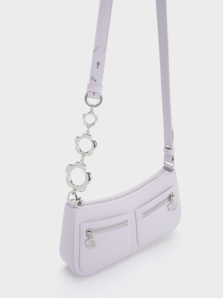 Túi Charles Keith Đeo Vai Hình Thang Flower-Embellished Xám Hoa Lilac