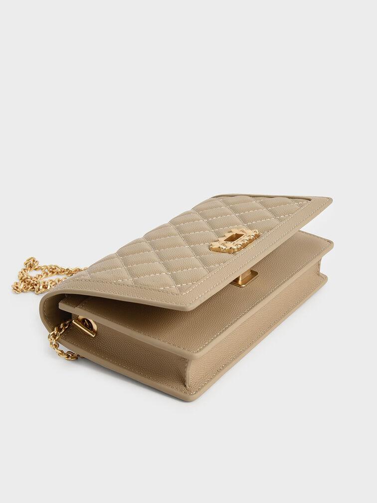 Ví Charles Keith Cầm Tay Chữ Nhật Micaela Quilted Phone Cát