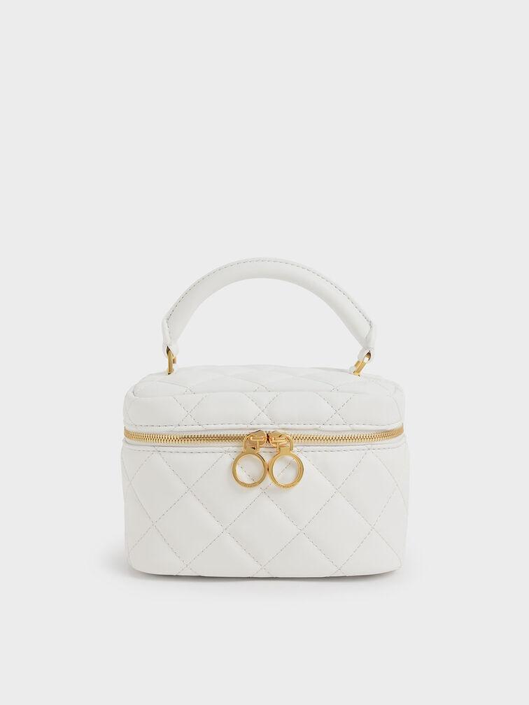 Túi Charles Keith Xách Mini Hình Hộp Quilted Two-Way Zip Trắng