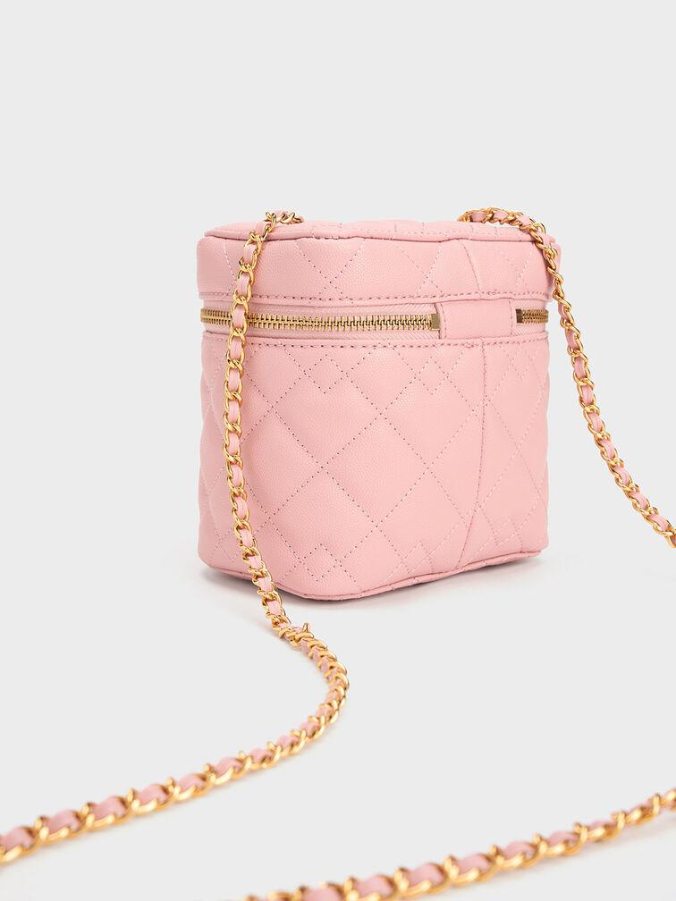 Túi Charles Keith Đeo Vai Hình Hộp Nezu Quilted Hồng Nhạt