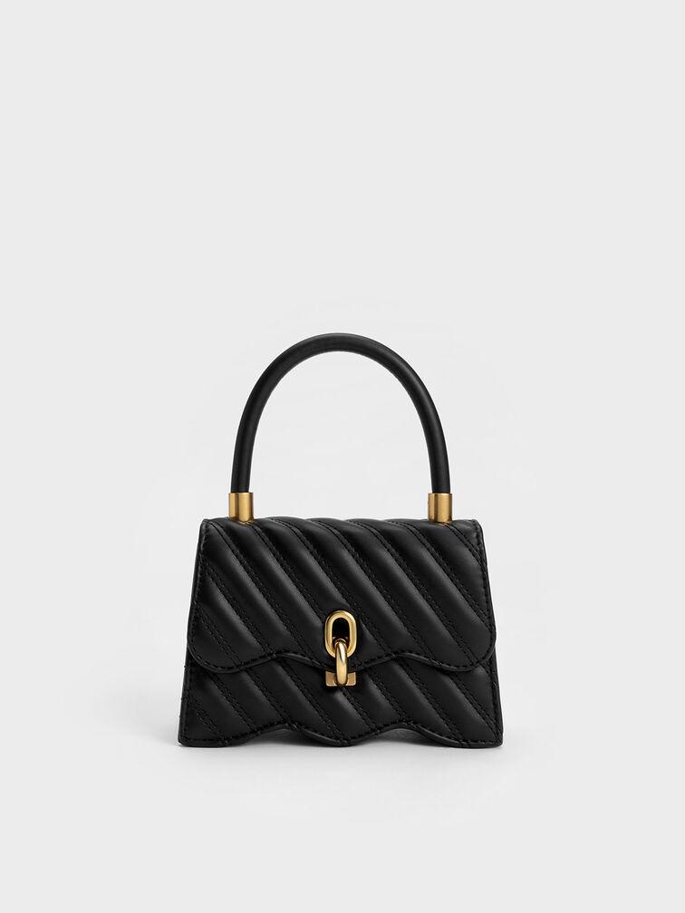 Túi Charles Keith Xách Nắp Gập Freja Wavy Quilted Đen