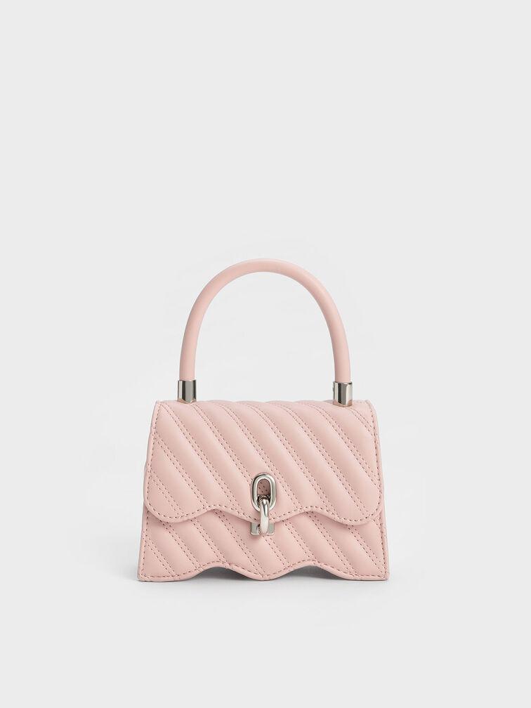 Túi Charles Keith Xách Nắp Gập Freja Wavy Quilted Hồng Nhạt