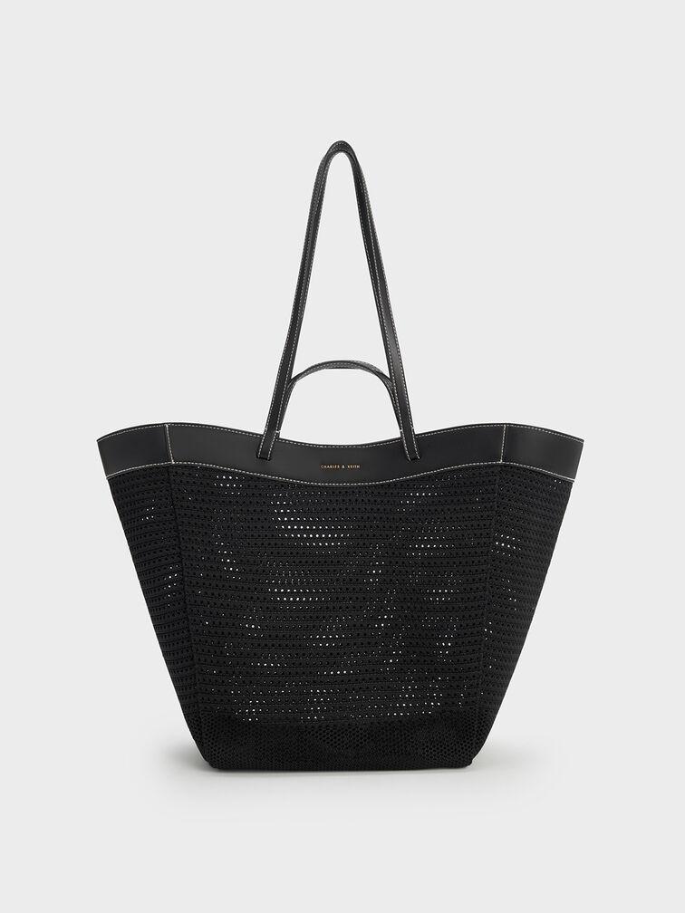 Túi Charles Keith Tote Hình Thang Knitted Sculptural Đen