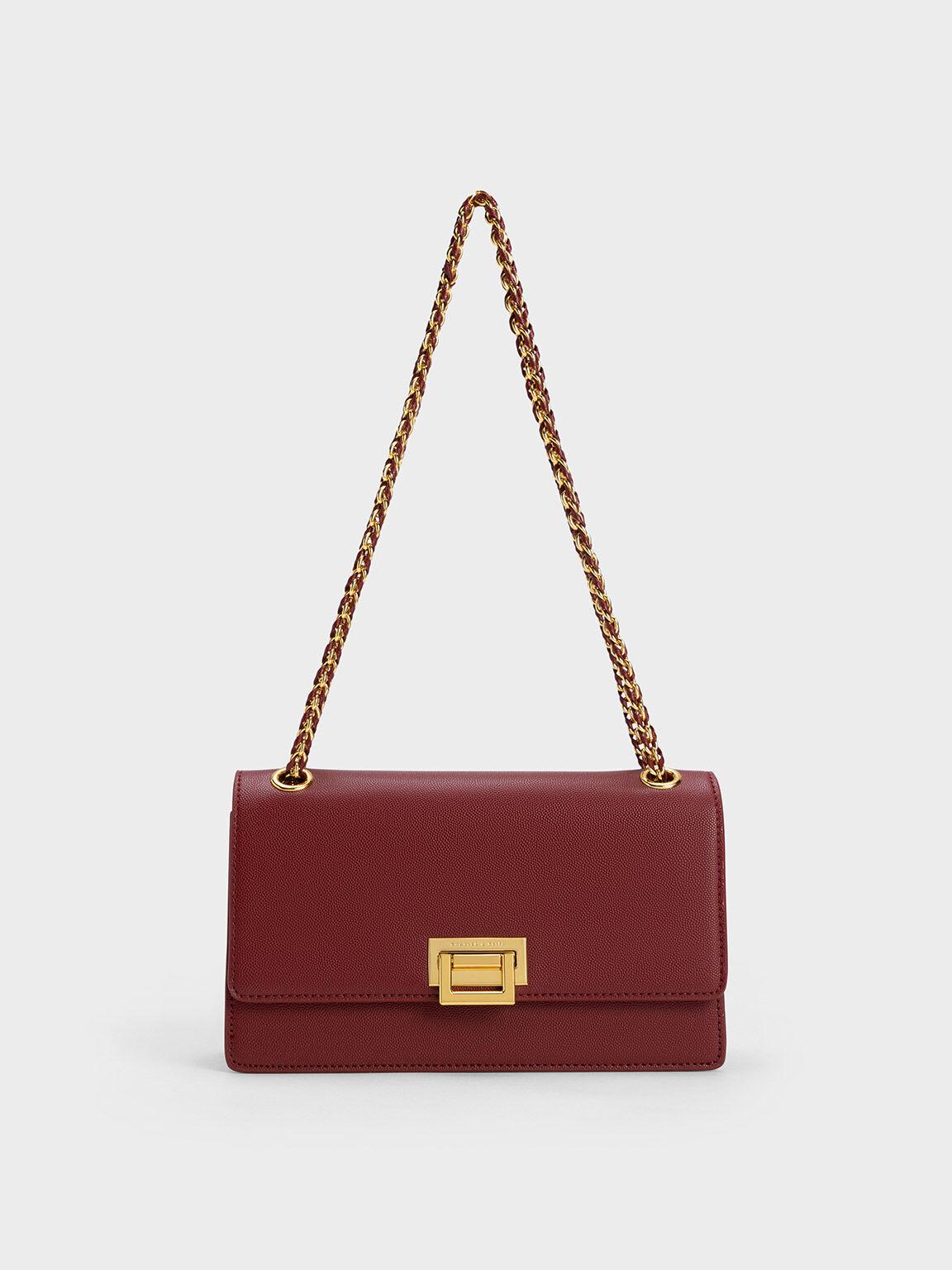 Túi Charles Keith Đeo Vai Phom Chữ Nhật Metallic Accent Front Flap Hồng Burgundy