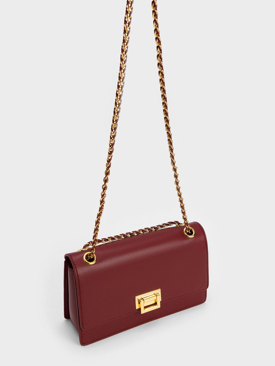 Túi Charles Keith Đeo Vai Phom Chữ Nhật Metallic Accent Front Flap Hồng Burgundy