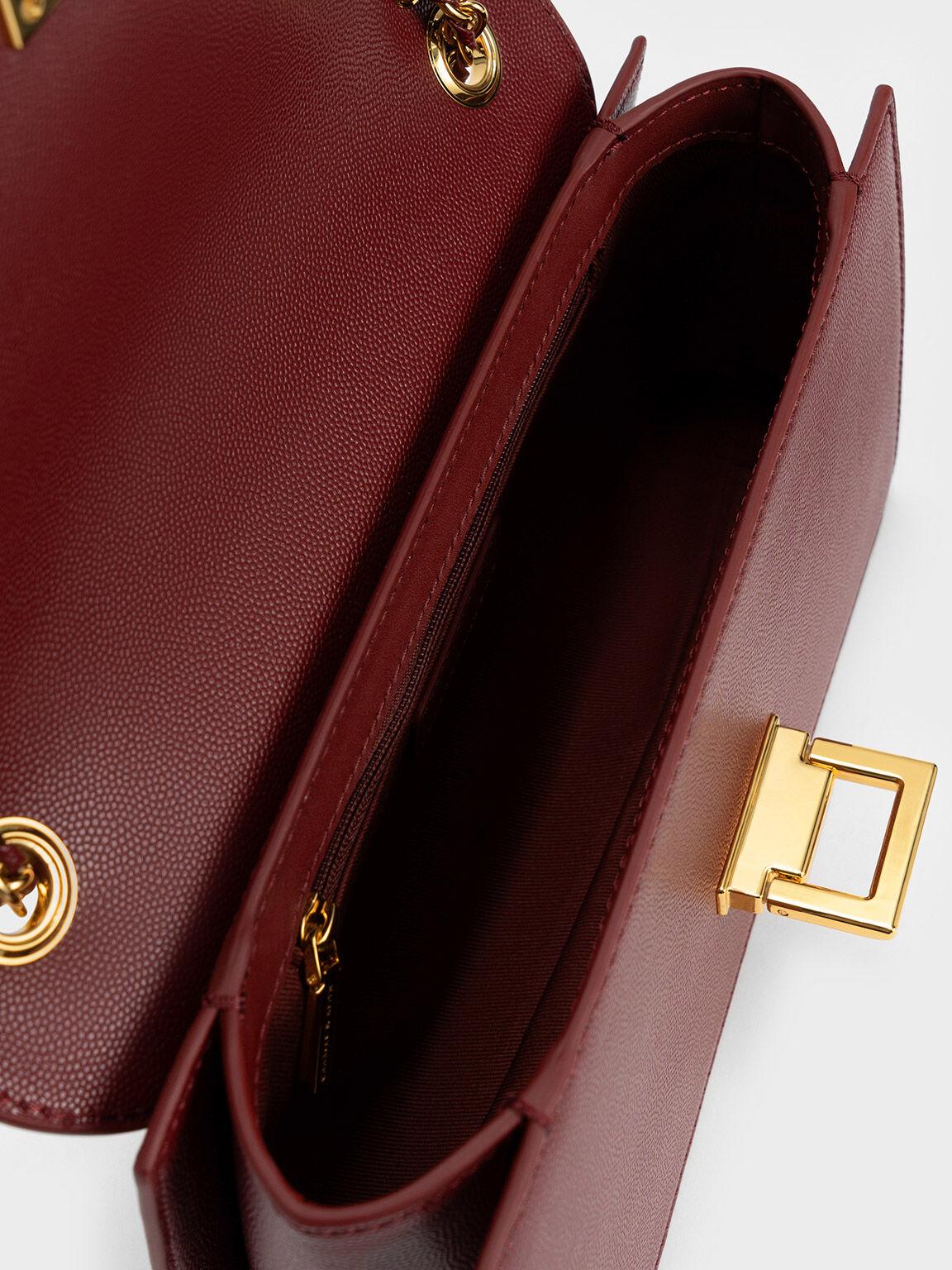 Túi Charles Keith Đeo Vai Phom Chữ Nhật Metallic Accent Front Flap Hồng Burgundy