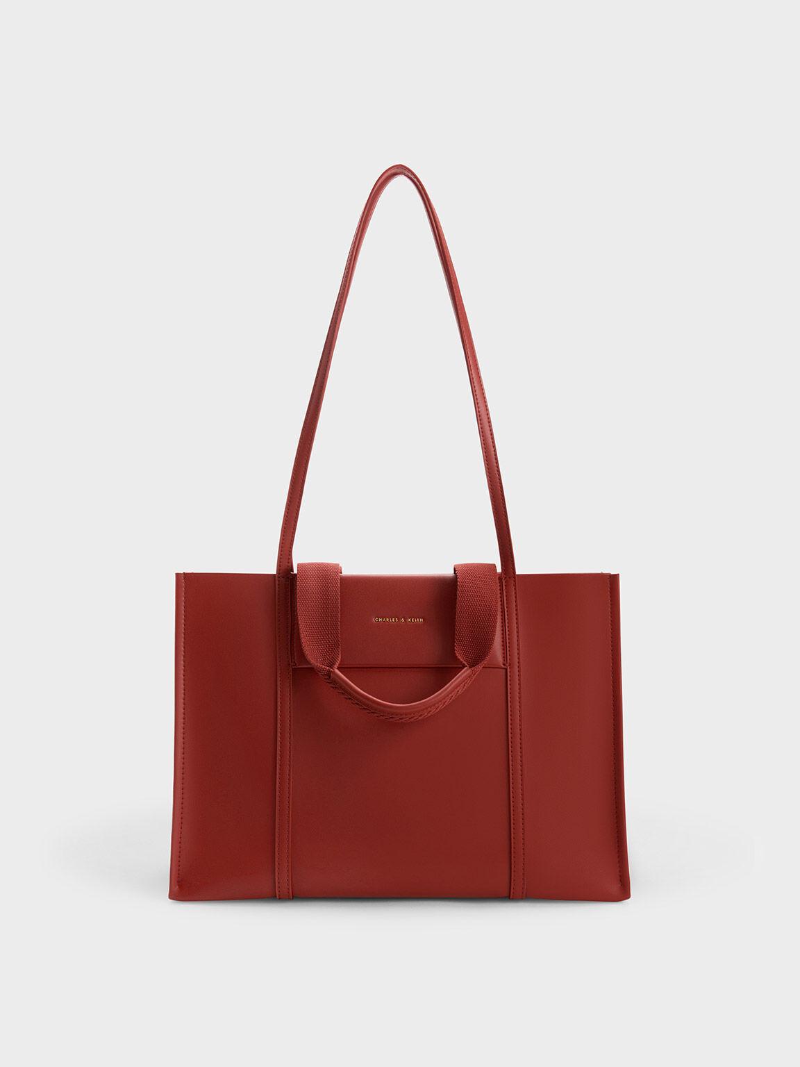 Túi Charles Keith Tote Phom Chữ Nhật Shalia Large Double Handle Đỏ Gạch