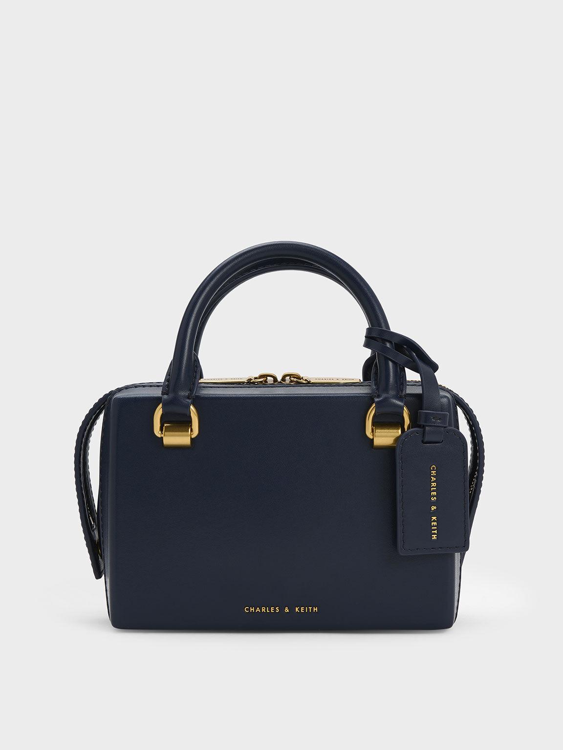 Túi Charles Keith Xách Hình Hộp Chữ Nhật Cordele Bowling Xanh Navy