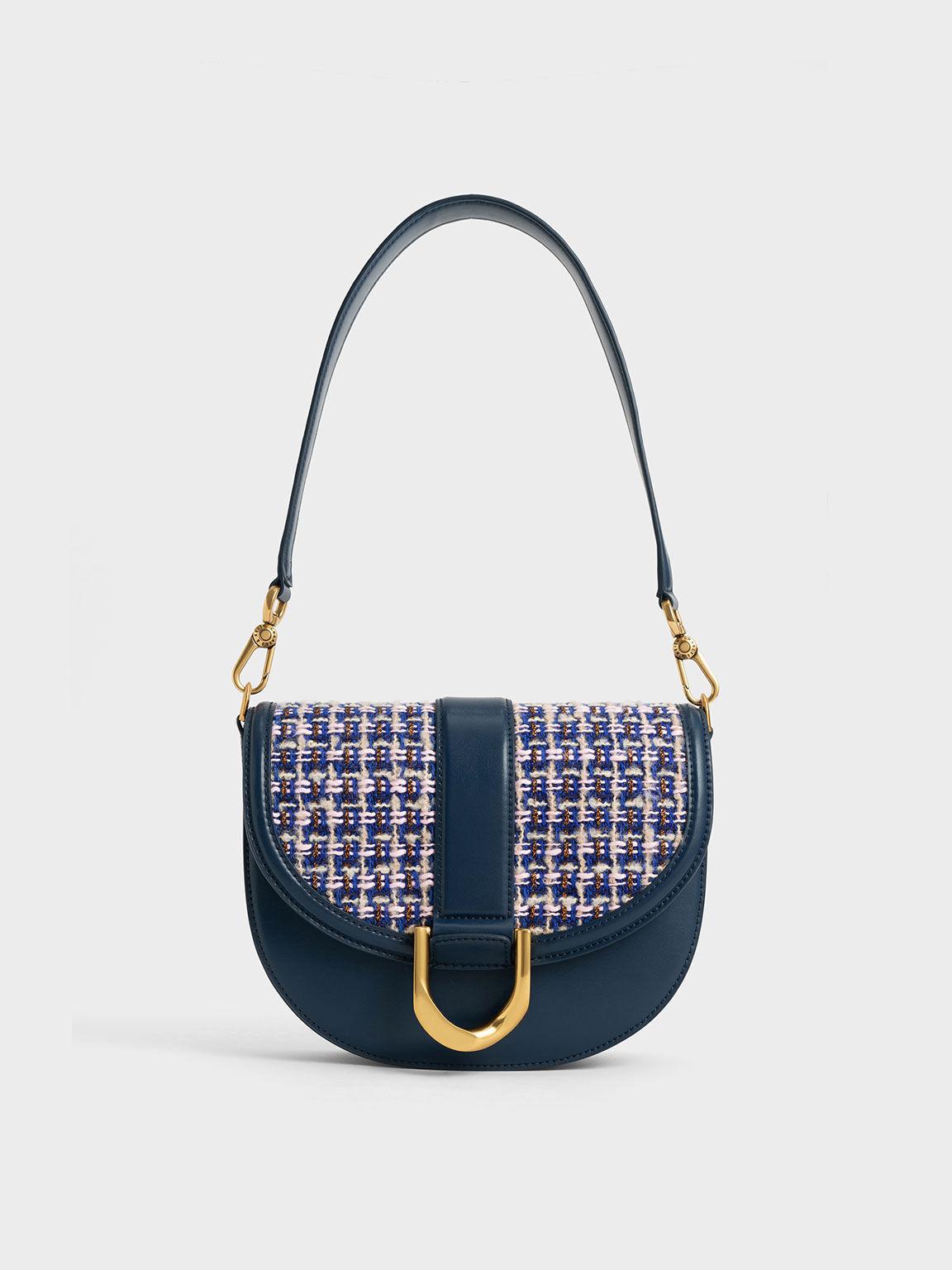 Túi Charles Keith Đeo Vai Nữ Phom Nửa Hình Tròn Gabine Tweed Saddle Xanh Navy