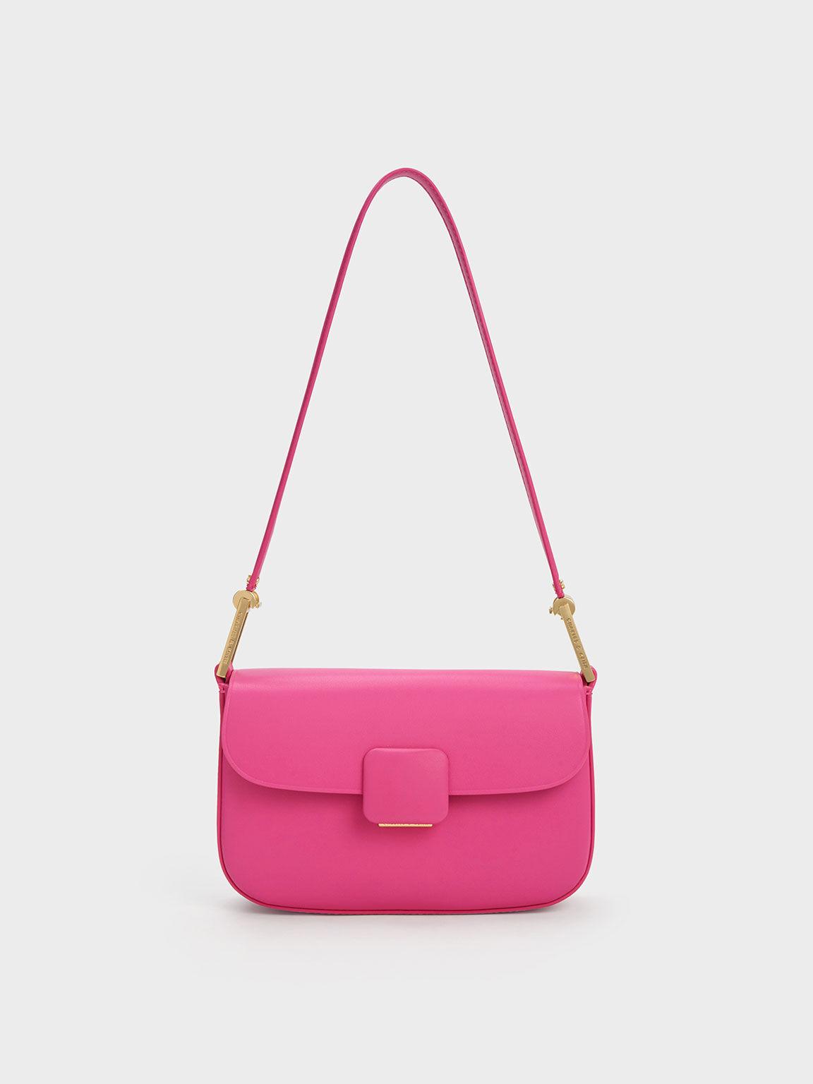 Túi Charles Keith Đeo Vai Nắp Gập Koa Square Push-Lock Hồng Fuchsia