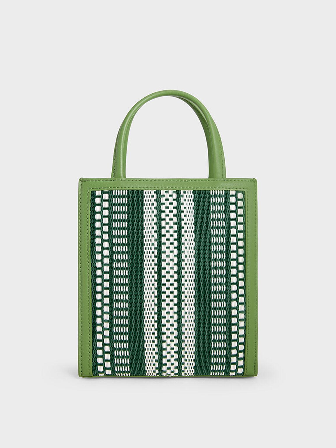 Túi Charles Keith Tote Phom Chữ Nhật Woven Double Handle Xanh Lá