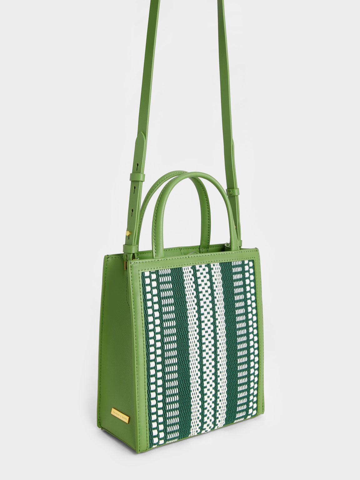 Túi Charles Keith Tote Phom Chữ Nhật Woven Double Handle Xanh Lá