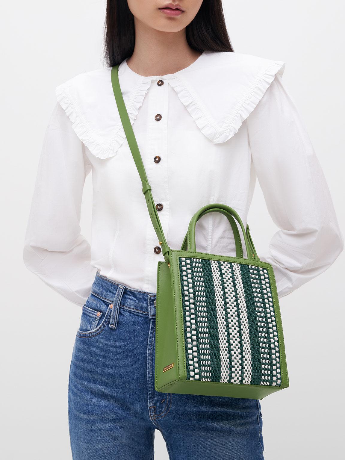 Túi Charles Keith Tote Phom Chữ Nhật Woven Double Handle Xanh Lá