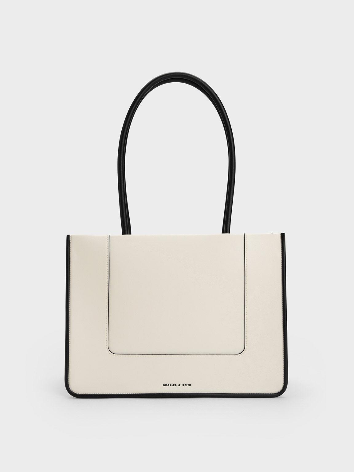 Túi Charles Keith Tote Phom Chữ Nhật Daylla Contrast Trim Kem