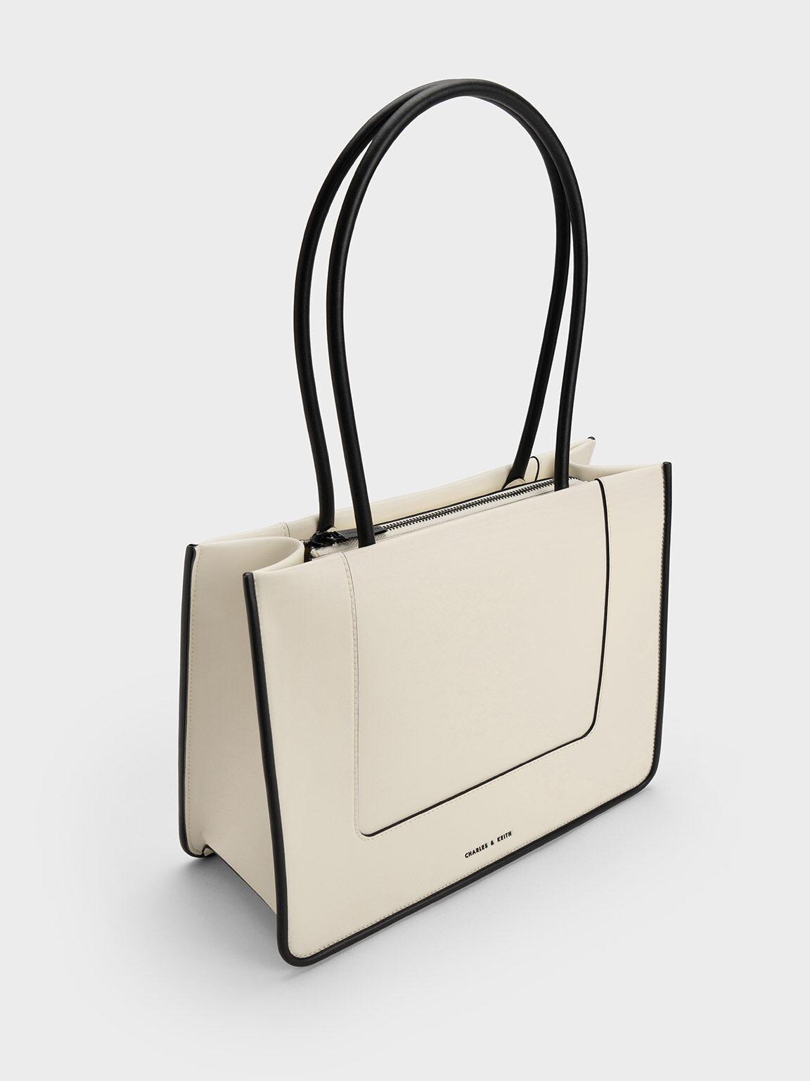 Túi Charles Keith Tote Phom Chữ Nhật Daylla Contrast Trim Kem