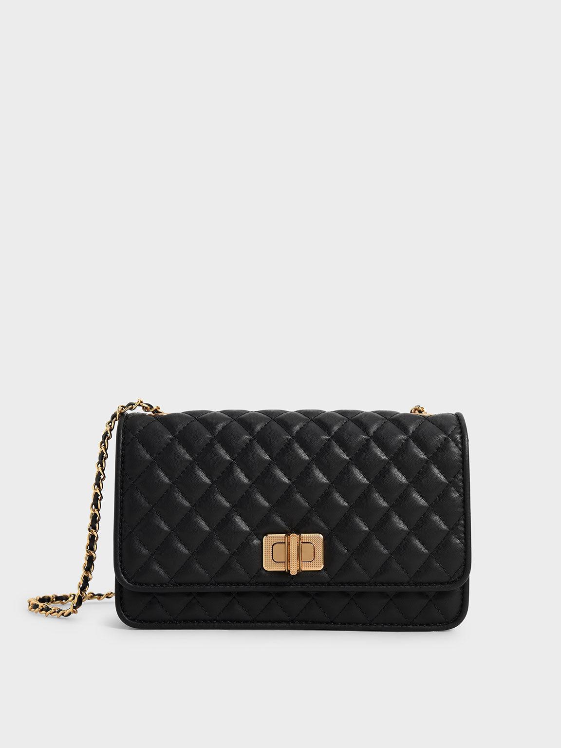 Túi Charles Keith Đeo Vai Nữ Phom Chữ NhậT Quilted Turn Lock Evening Đen