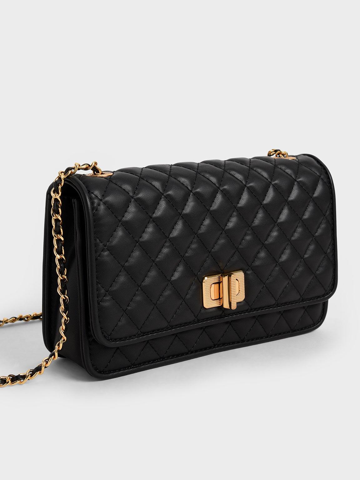 Túi Charles Keith Đeo Vai Nữ Phom Chữ NhậT Quilted Turn Lock Evening Đen