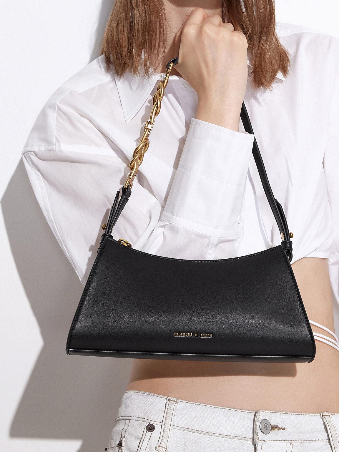 Túi Charles Keith Đeo Vai Hình Thang Metallic-Accent Strap Đen