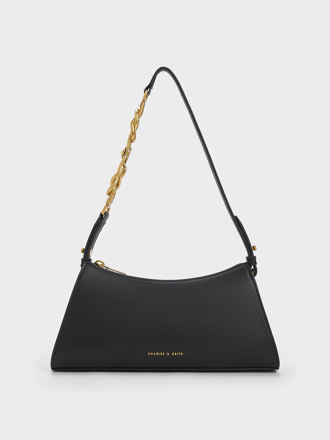 Túi Charles Keith Đeo Vai Hình Thang Metallic-Accent Strap Đen