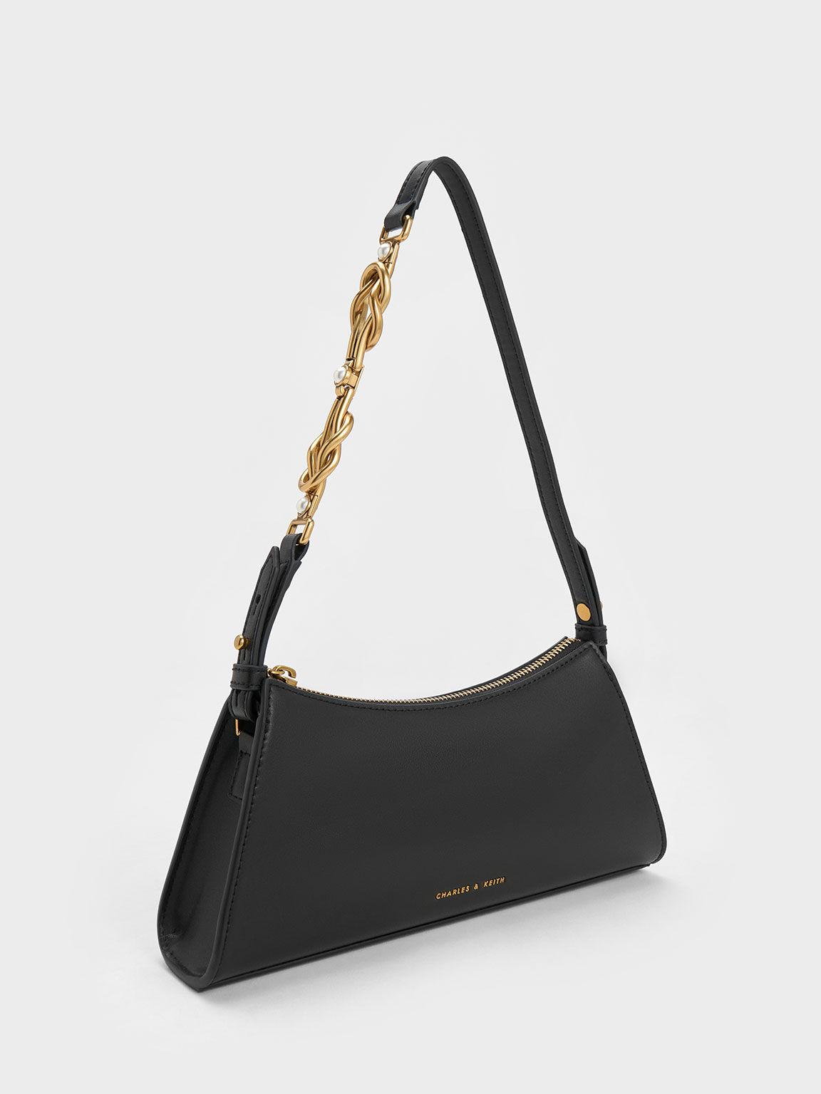 Túi Charles Keith Đeo Vai Hình Thang Metallic-Accent Strap Đen