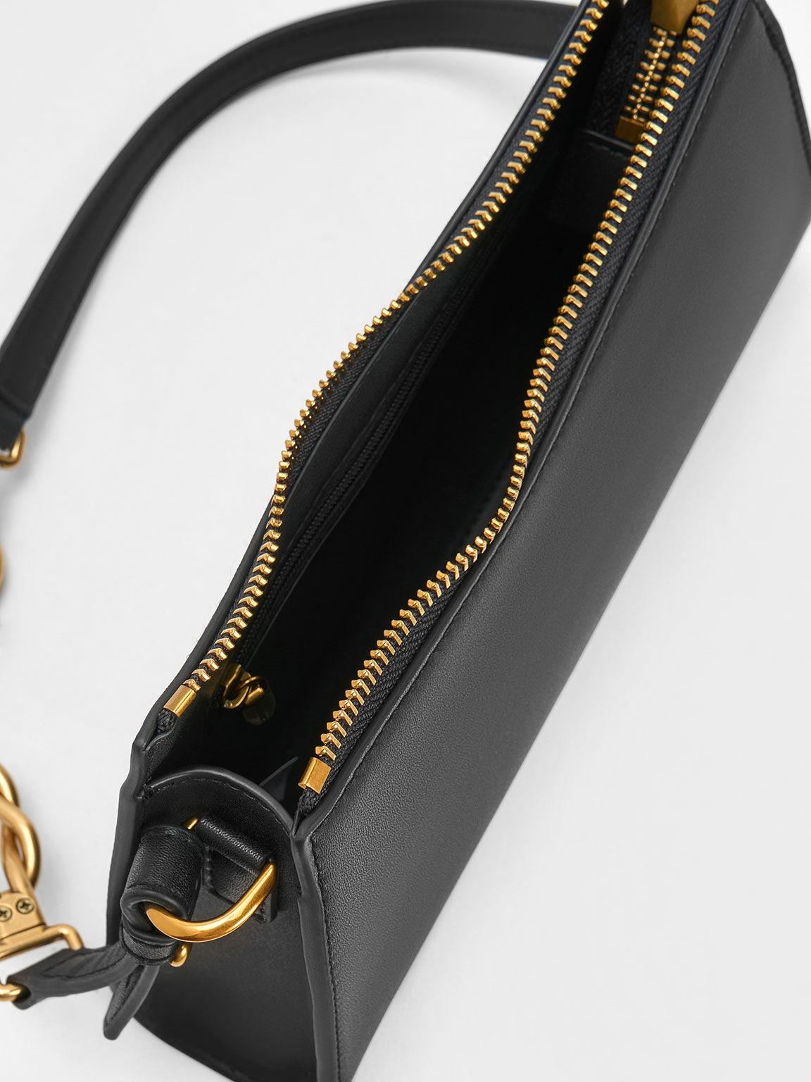 Túi Charles Keith Đeo Vai Hình Thang Metallic-Accent Strap Đen