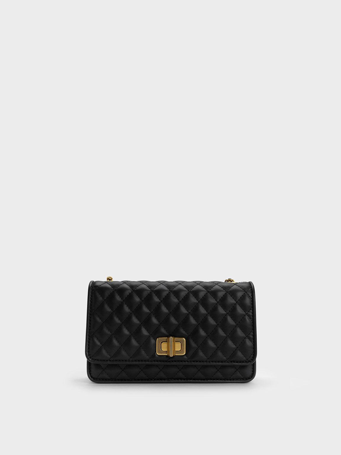 Túi Charles Keith Clutch Chần Bông Metallic Turn-Lock Quilted Đen