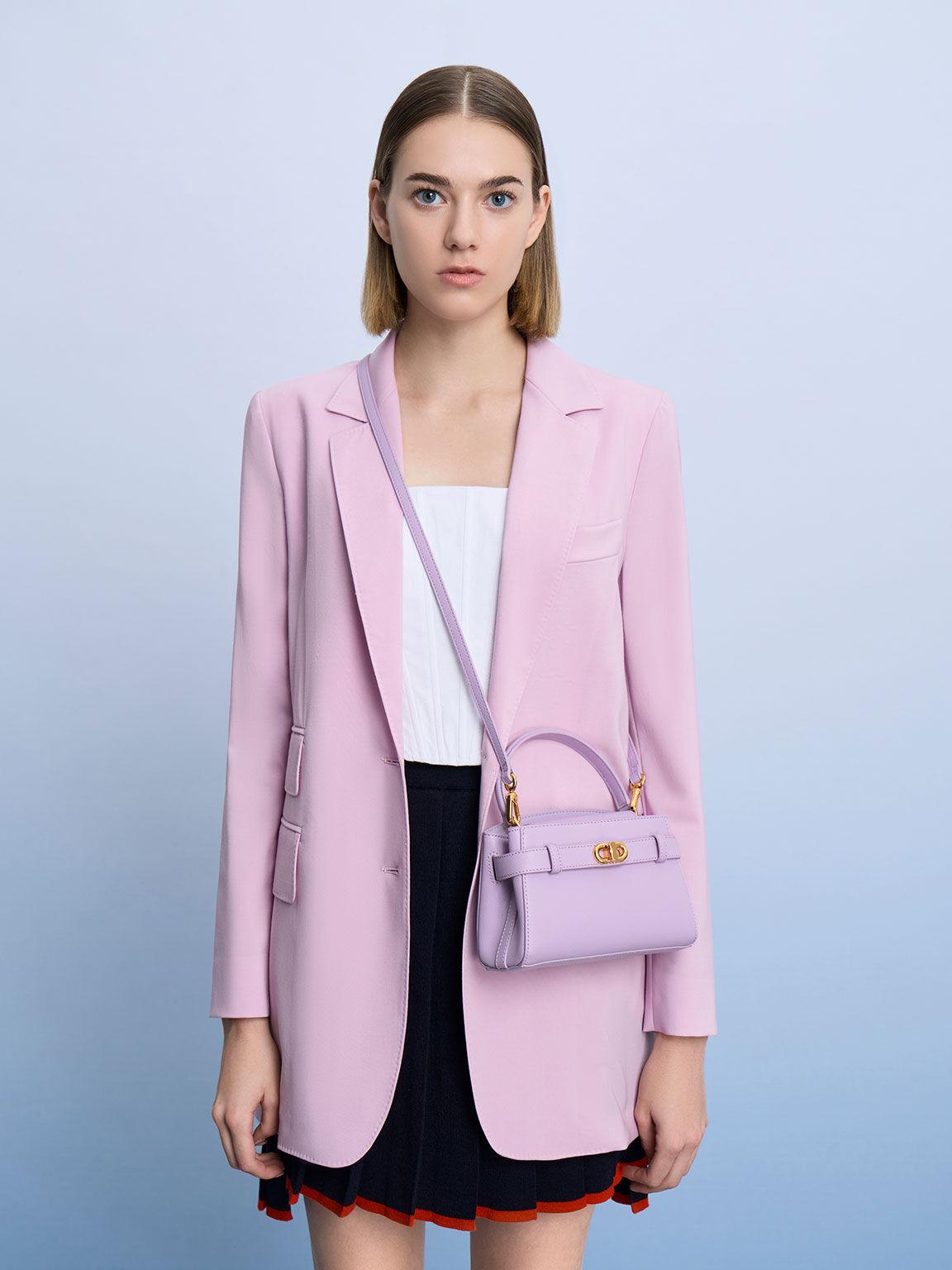 Túi Charles Keith Xách Aubrielle Metallic-Buckle Xám Hoa Lilac