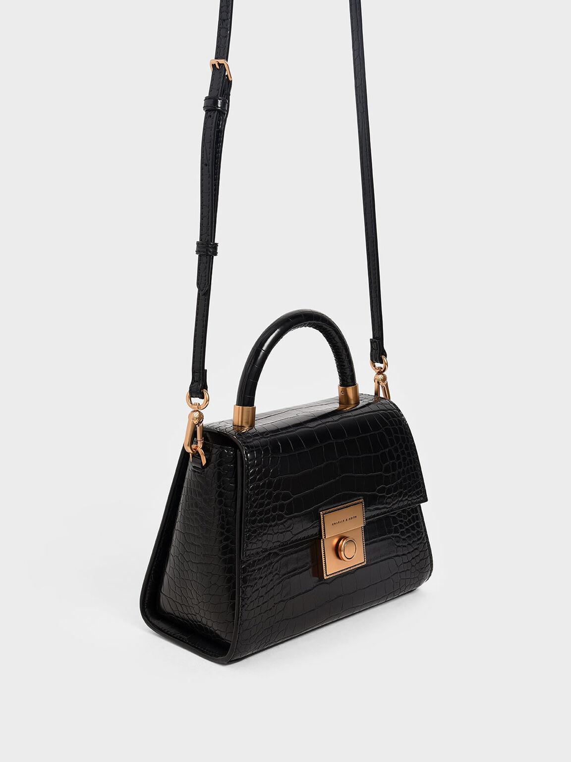 Túi Charles Keith Xách Hình Thang Croc-Effect Structured Đen