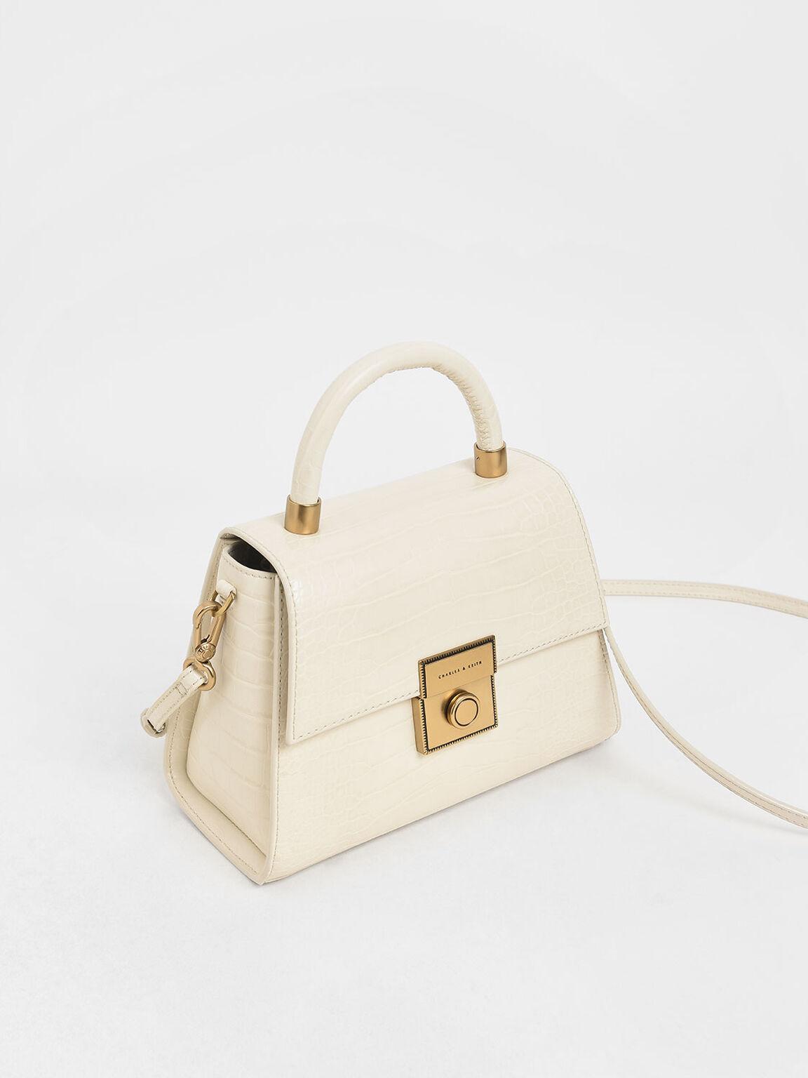 Túi Charles Keith Xách Hình Thang Croc-Effect Structured Kem