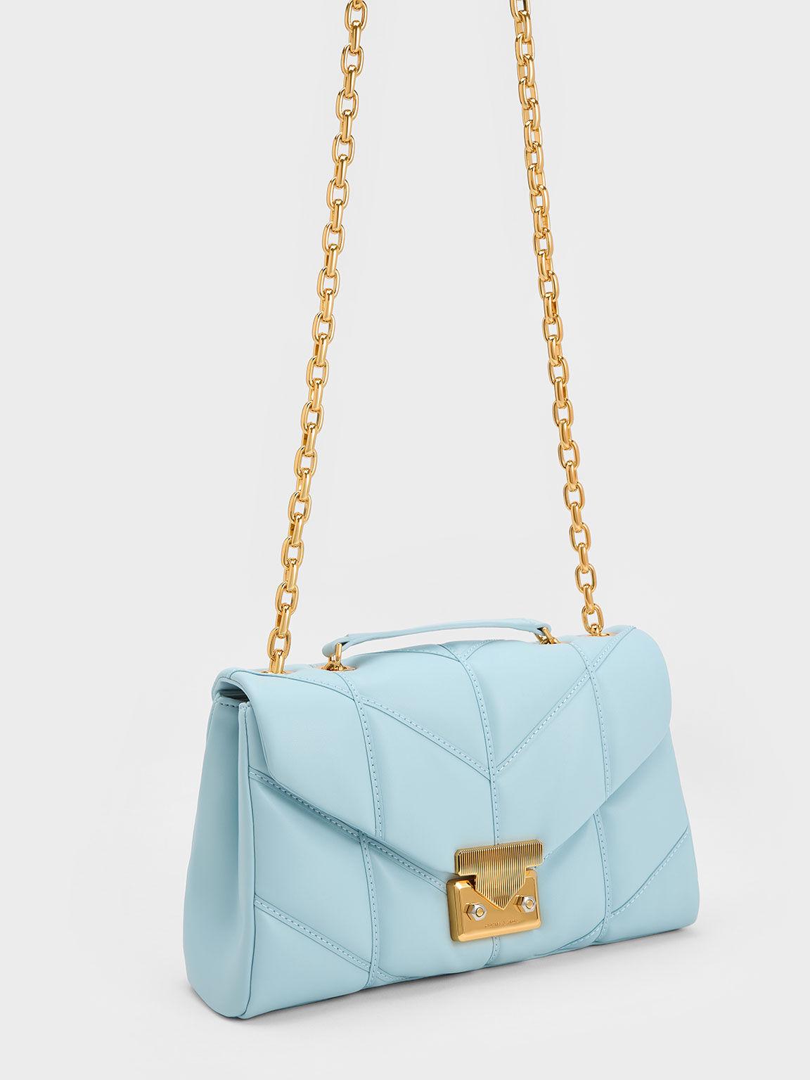 Túi Charles Keith Đeo Vai Hình Thang Eudora Chevron Xanh Blue