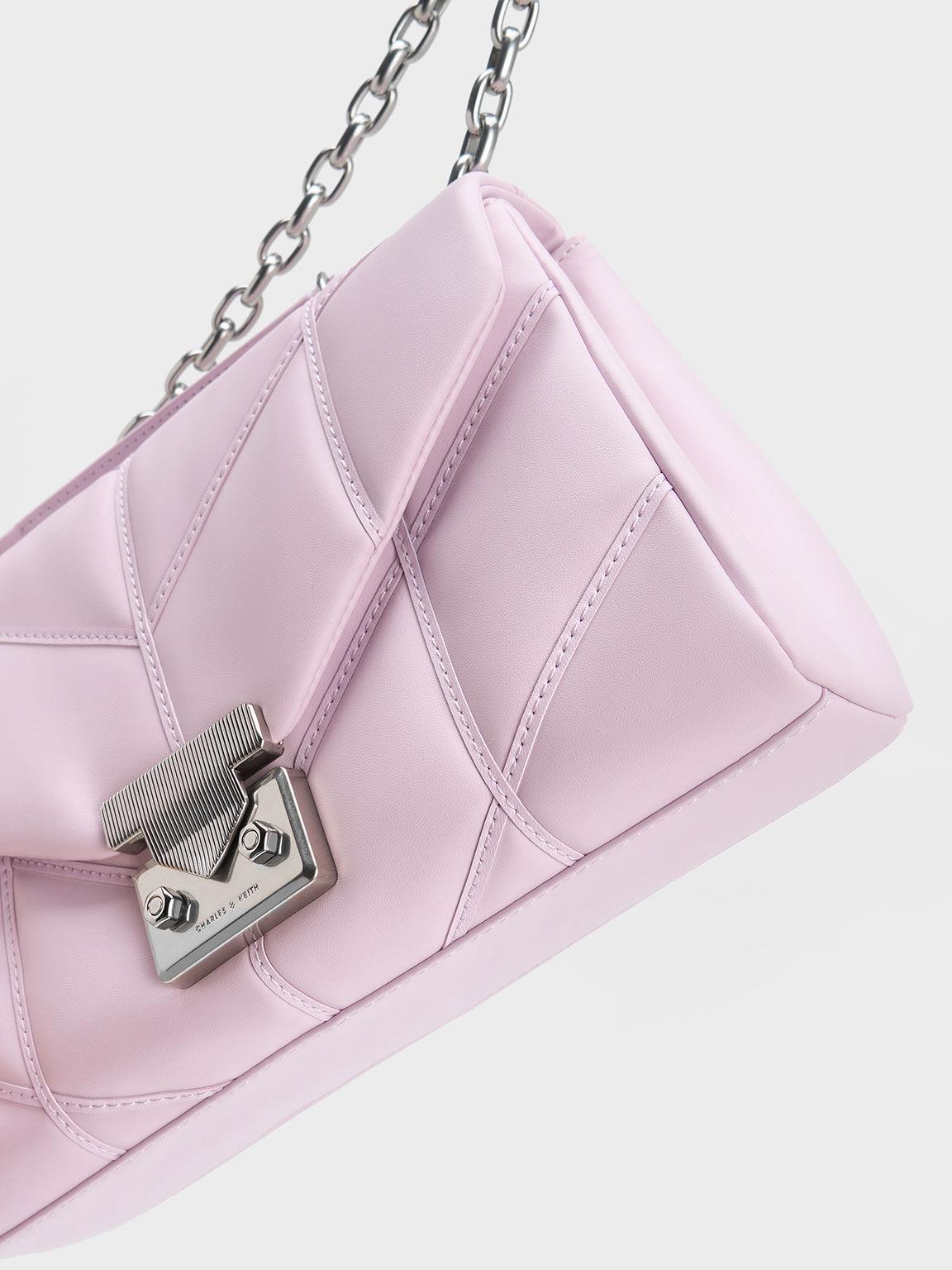 Túi Charles Keith Đeo Vai Hình Thang Eudora Chevron Xám Hoa Lilac