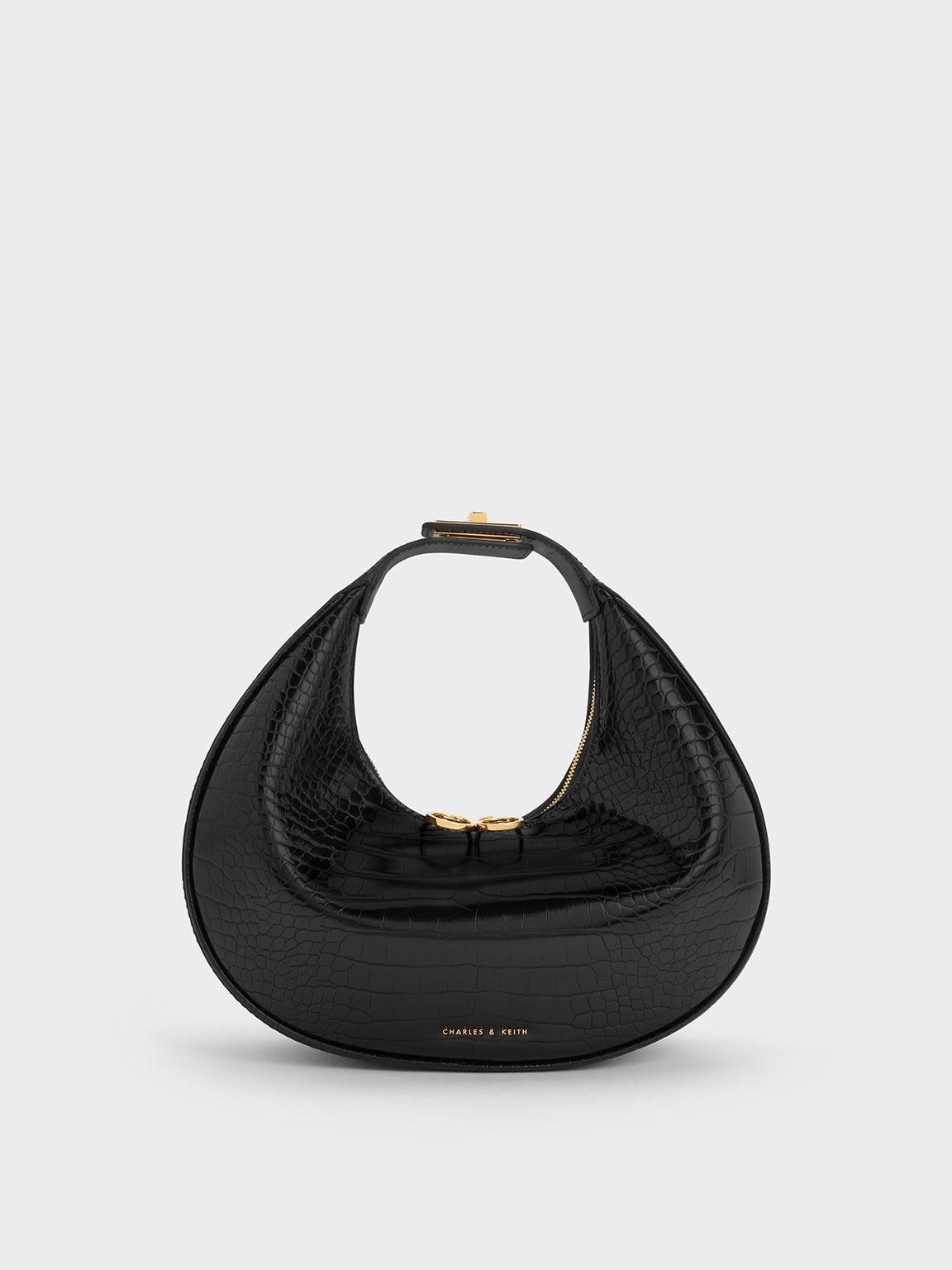 Túi Charles Keith Hobo Hình Bán Nguyệt Croc-Embossed Crescent Đen