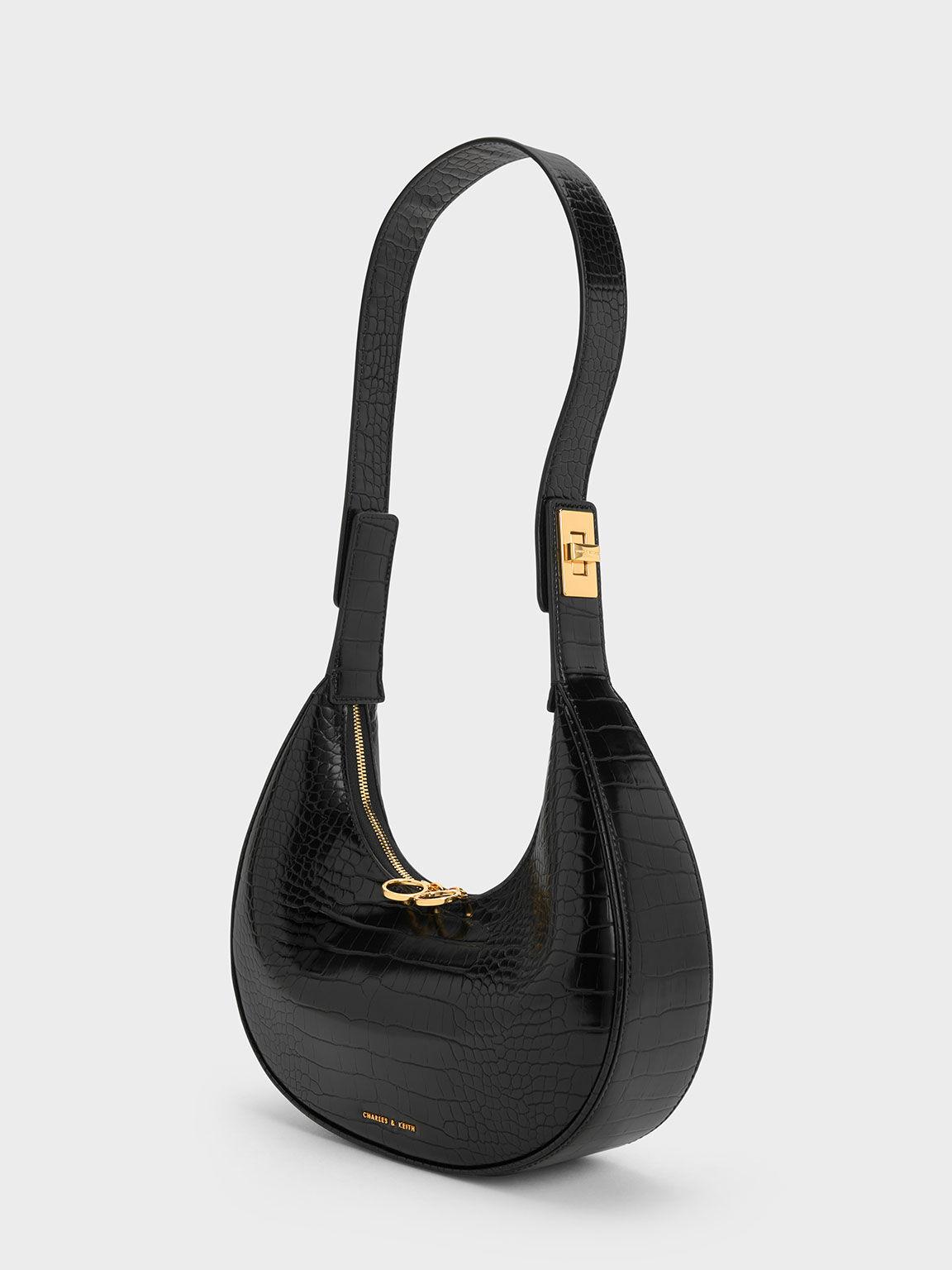 Túi Charles Keith Hobo Hình Bán Nguyệt Croc-Embossed Crescent Đen