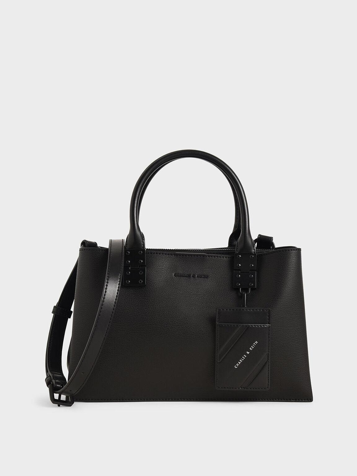 Túi Charles Keith Xách Phom Chữ Nhật Double Top Handle Đen Mờ