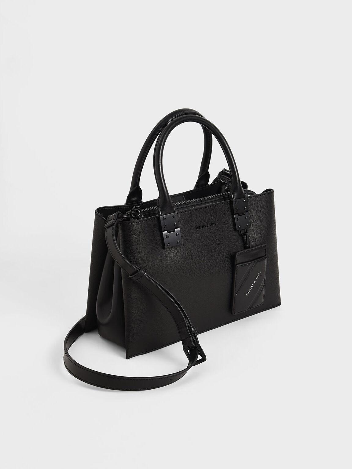 Túi Charles Keith Xách Phom Chữ Nhật Double Top Handle Đen Mờ