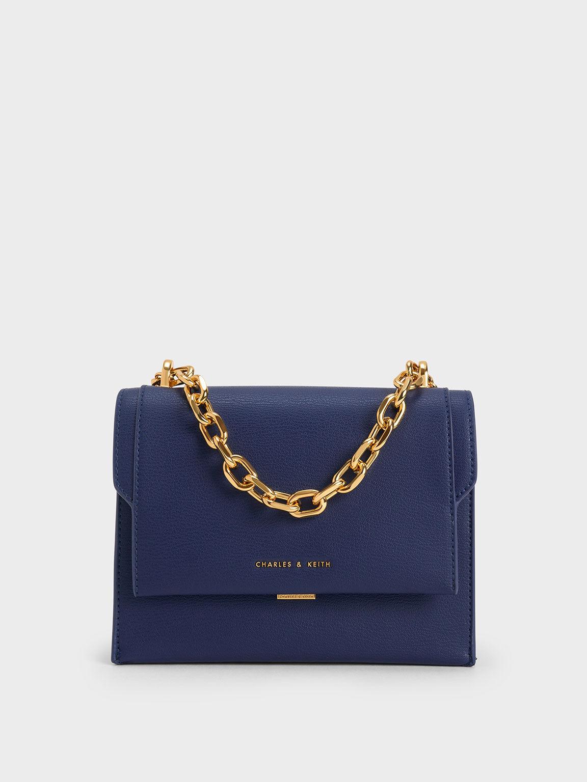 Túi Charles Keith Đeo Vai Phom Chữ Nhật Front Flap Xanh Navy