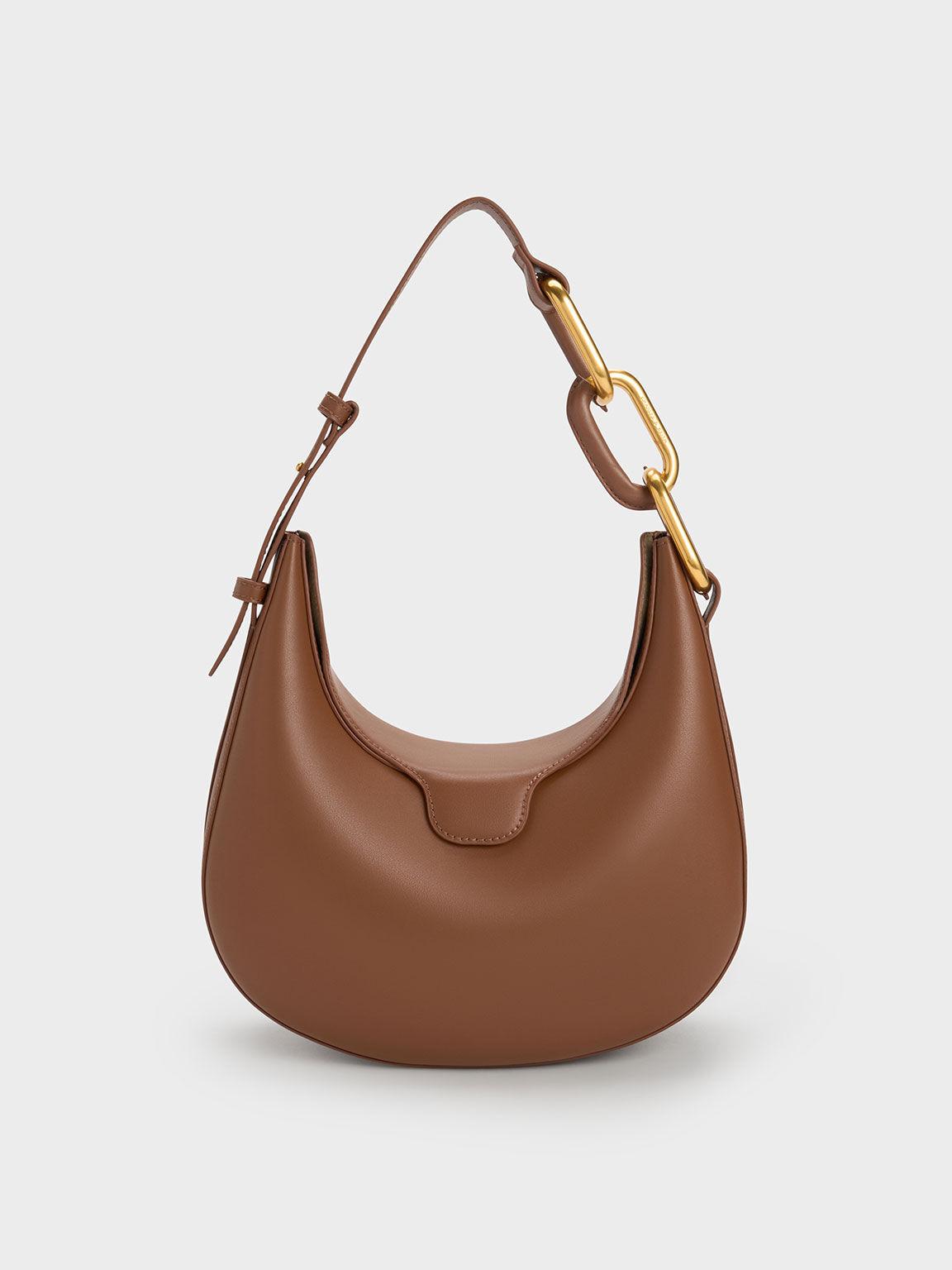 Túi Charles Keith Đeo Vai Hình Bán Nguyệt Kora Metallic-Accent Moon Chocolate