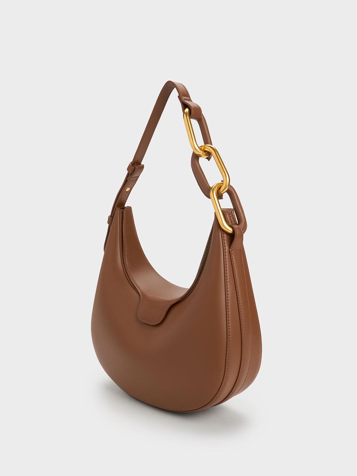 Túi Charles Keith Đeo Vai Hình Bán Nguyệt Kora Metallic-Accent Moon Chocolate