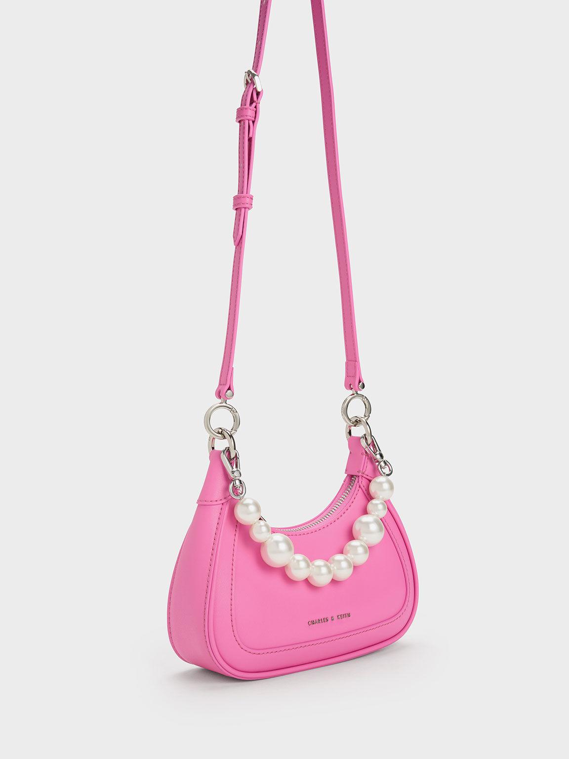 Túi Charles Keith Xách Hobo Hình Thang Beaded Hồng