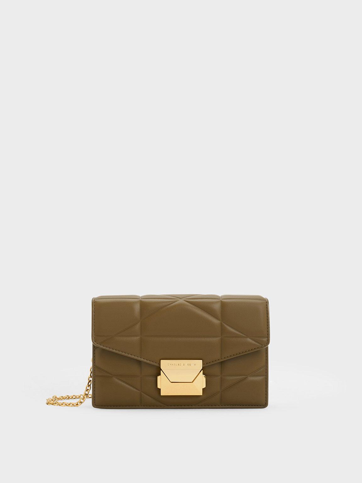 Túi Charles Keith Clutch Phom Chữ Nhật Blanche Chevron Khaki