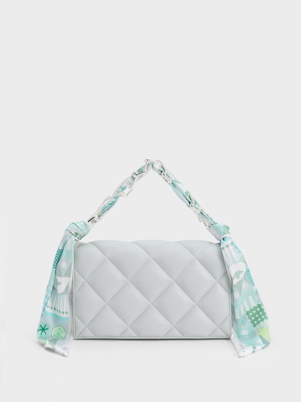 Túi Charles Keith Clutch Phom Chữ Nhật Alcott Scarf Handle Quilted Xám Nhạt