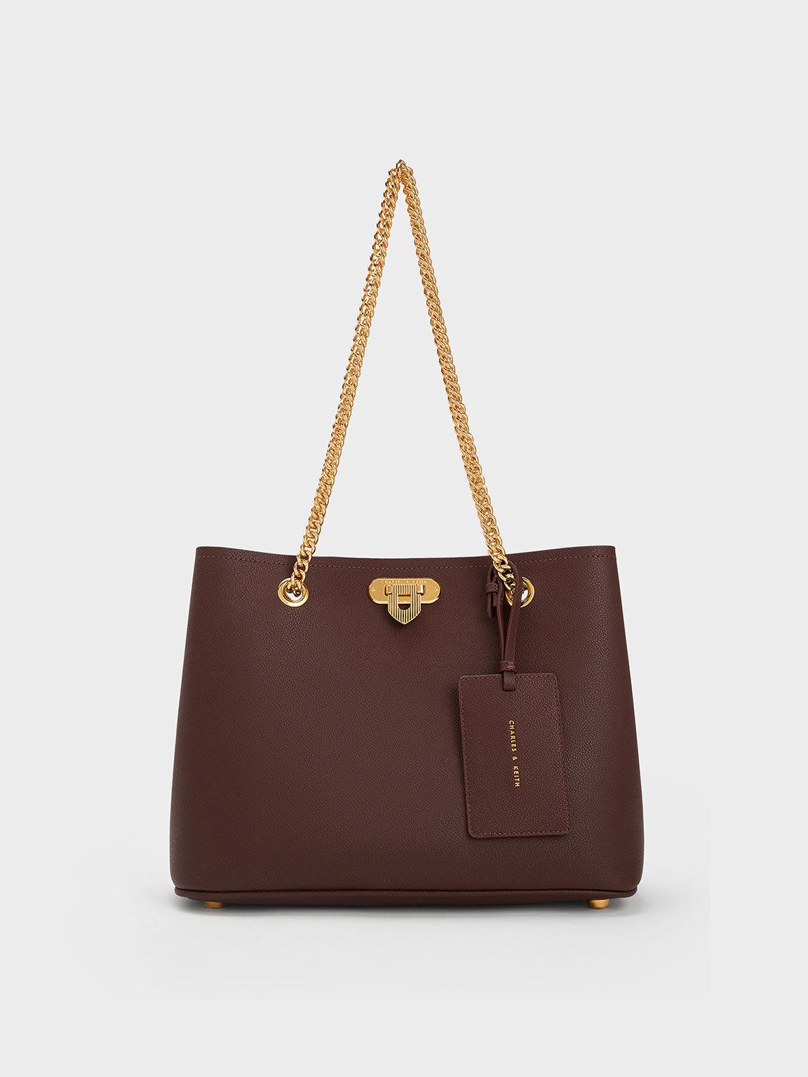 Túi Charles Keith Tote Phom Chữ Nhật Alcott Nâu Đậm