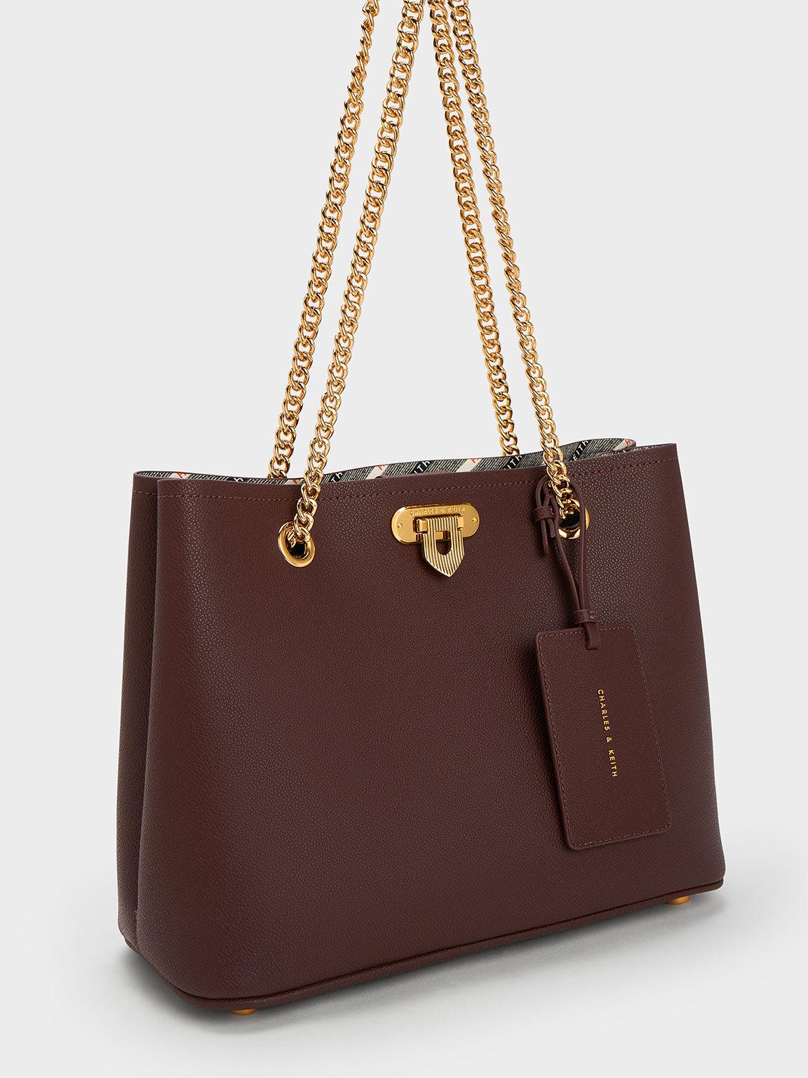 Túi Charles Keith Tote Phom Chữ Nhật Alcott Nâu Đậm