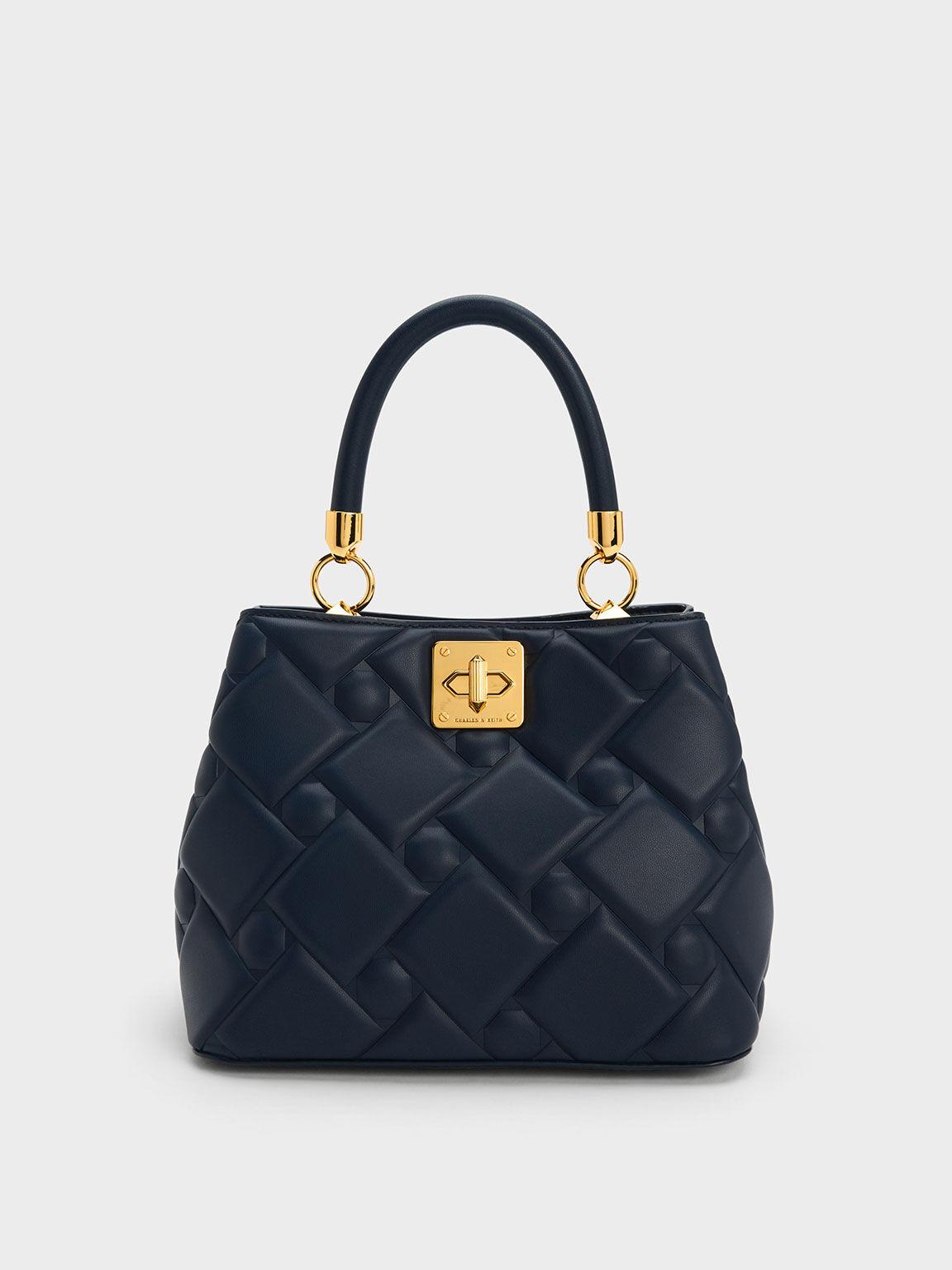 Túi Charles Keith Xách Hình Thang Tillie Quilted Xanh Navy