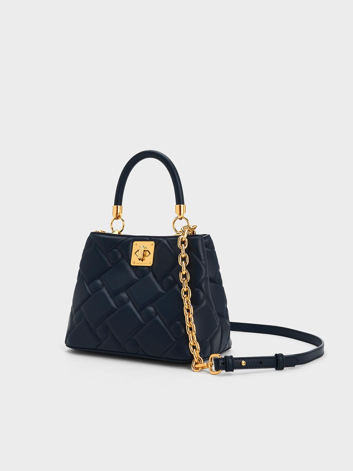 Túi Charles Keith Xách Hình Thang Tillie Quilted Xanh Navy